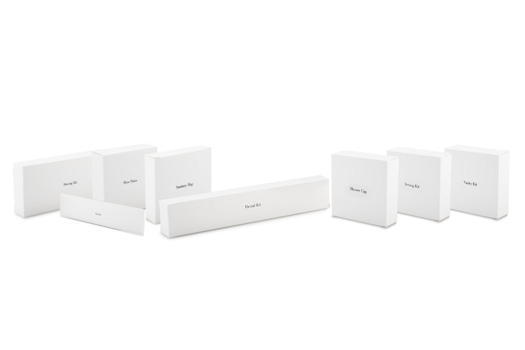 Hotel guest amenities in white box