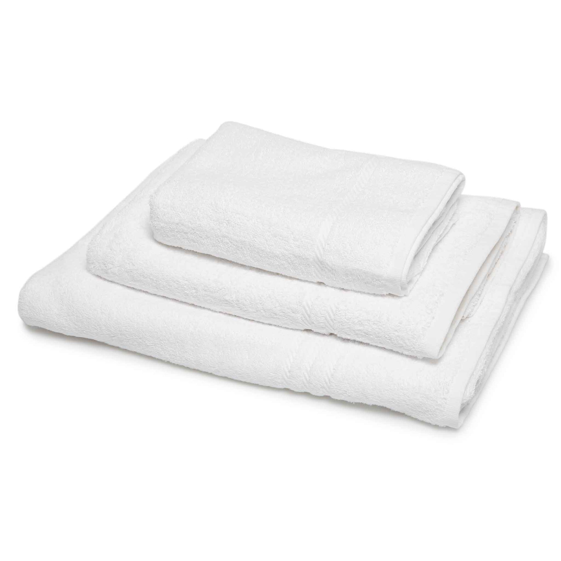 Stack of 500gsm white hotel bath and hand towels
