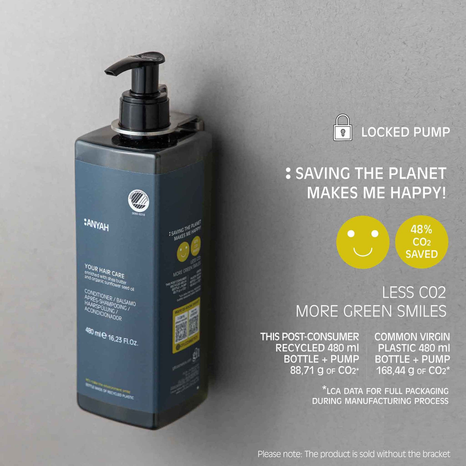 Anyah 480ml conditioner in wall-mounted pump dispenser with locked pump, featuring sustainability infographic showing 48% CO₂ savings and eco-friendly packaging