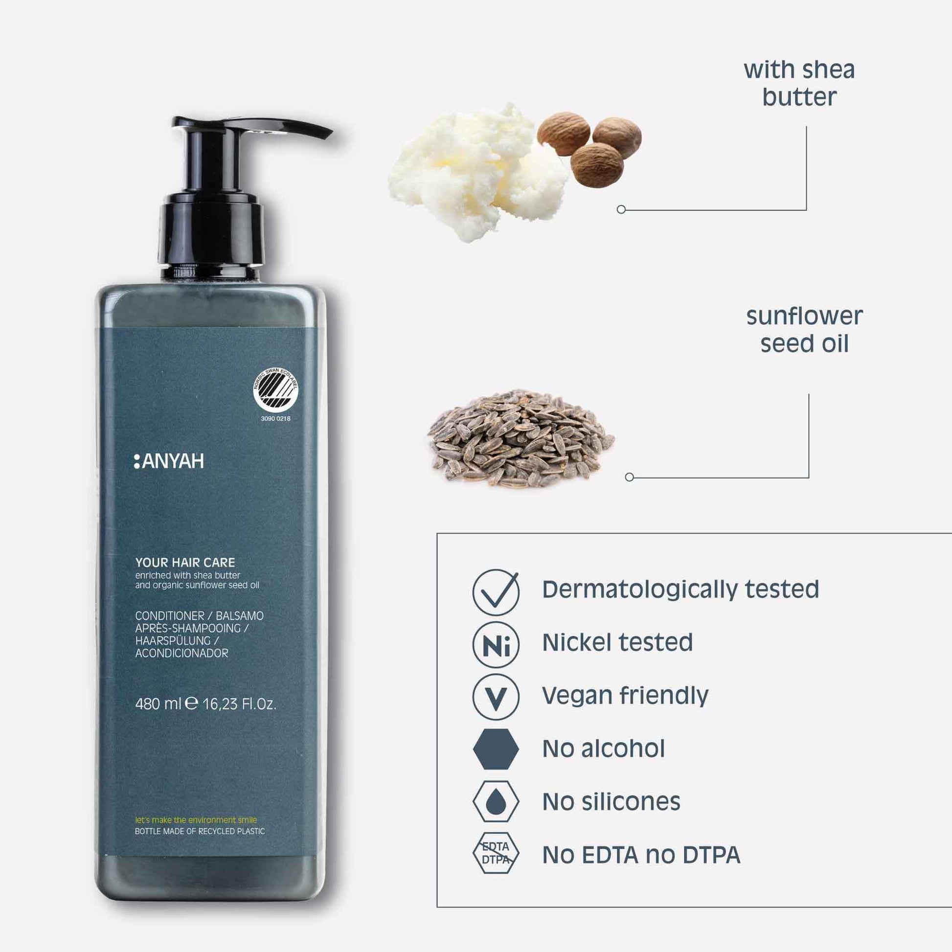 Anyah 480ml conditioner enriched with shea butter and sunflower seed oil, highlighting vegan, alcohol-free, silicone-free, and dermatologically tested formula