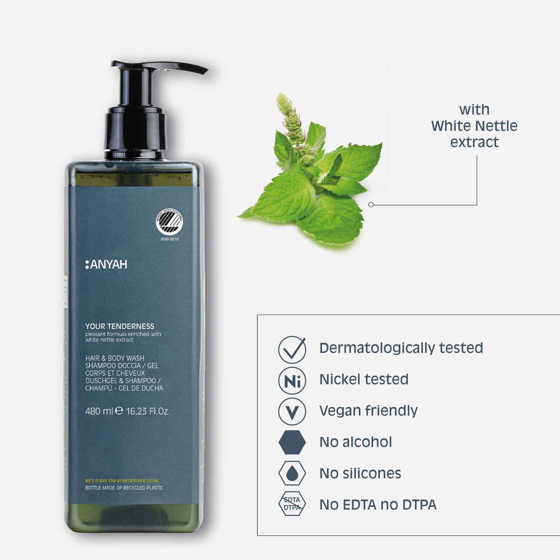Anyah 480ml hair and body wash with white nettle extract, vegan and alcohol-free formula highlighted with dermatological and sustainability icons