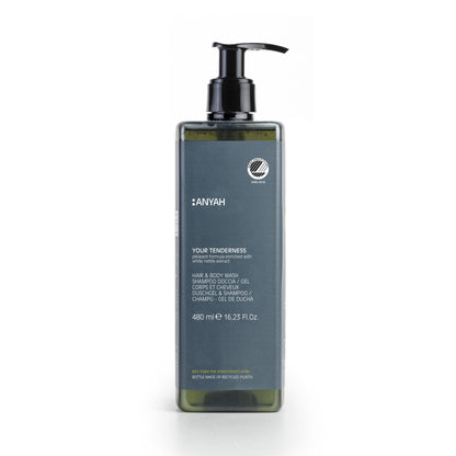 Anyah hair and body wash in 480ml refillable pump dispenser