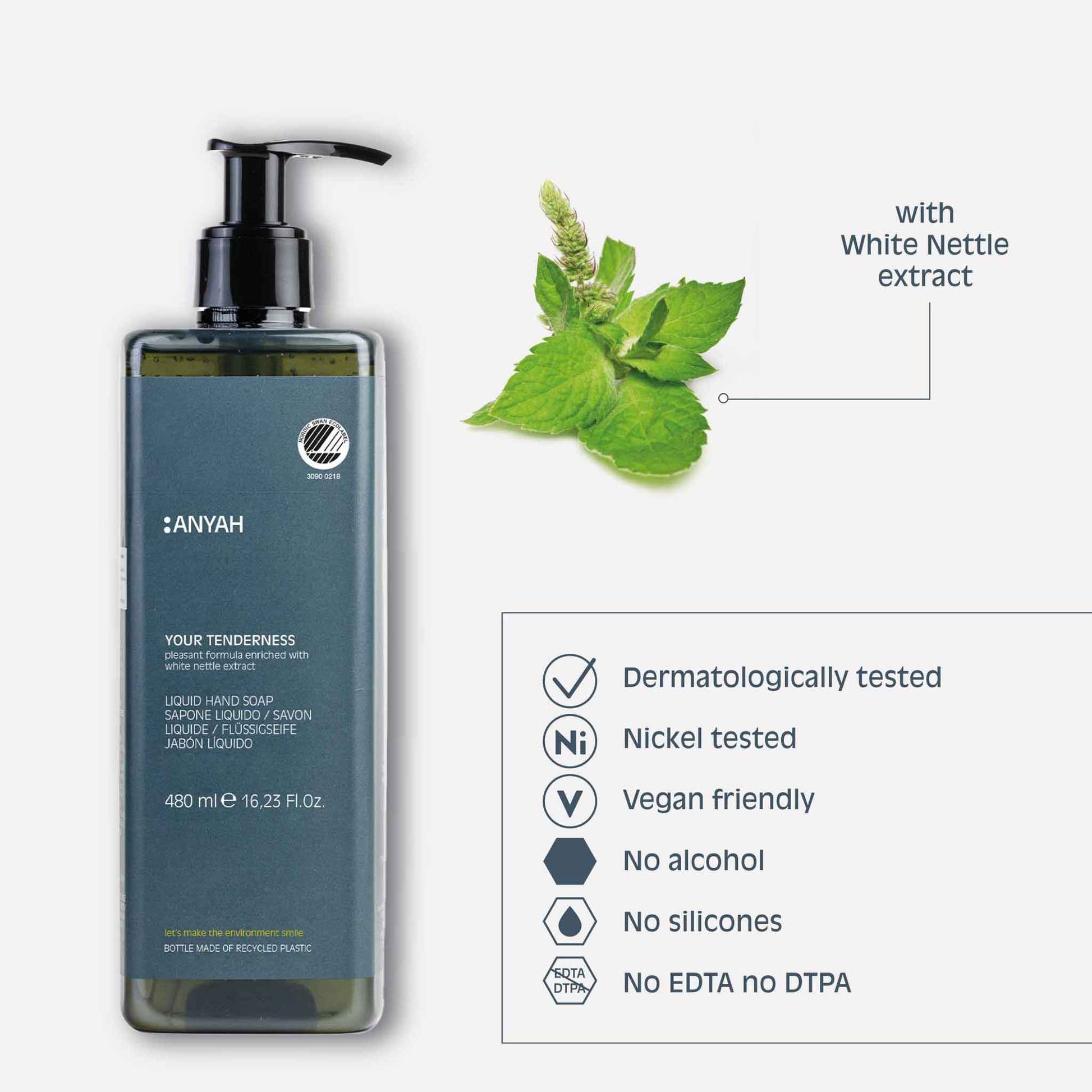 Anyah 480ml liquid hand soap in wall-mounted pump dispenser, showcasing refillable eco-friendly design with CO₂ savings infographic