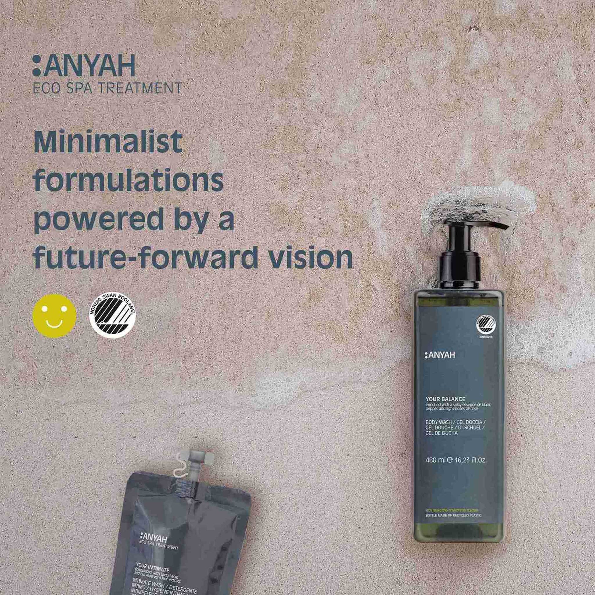 Anyah eco spa treatment range with refillable packaging and minimalist sustainable formulations, promoting Nordic Swan Ecolabel certification