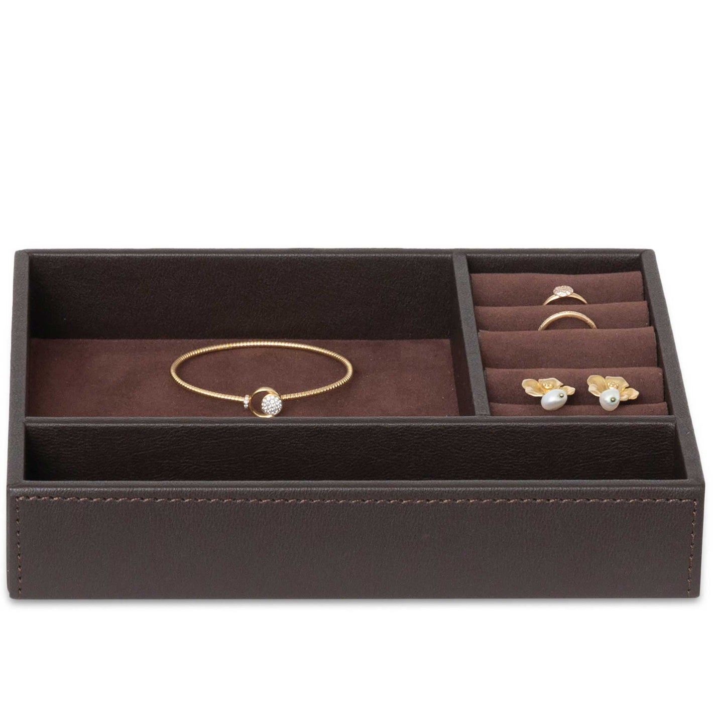 Bentley Andros brown jewellery tray with jewellery cushions and golden jewllery