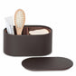 Bentley Bahia brown leather amenity box with lid off and hairbrush inside