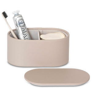 Bentley Bahia amenity box in natural leather with the lid off and toothbrush inside