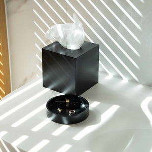 Lifestyle image of black Bentley Baker cube tissue box in hotel bathroom