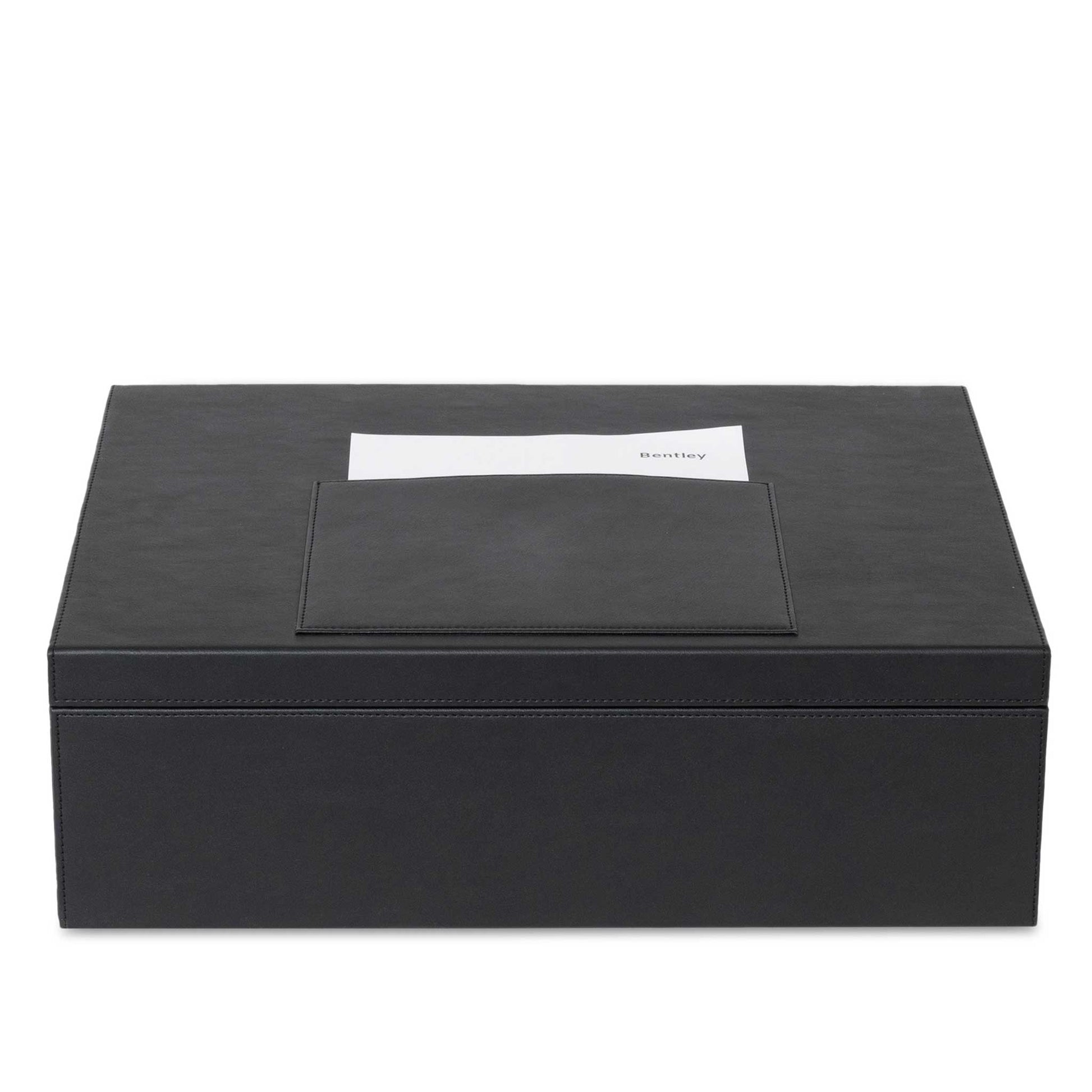 Bentley Capri black leather laundry box closed with name tag
