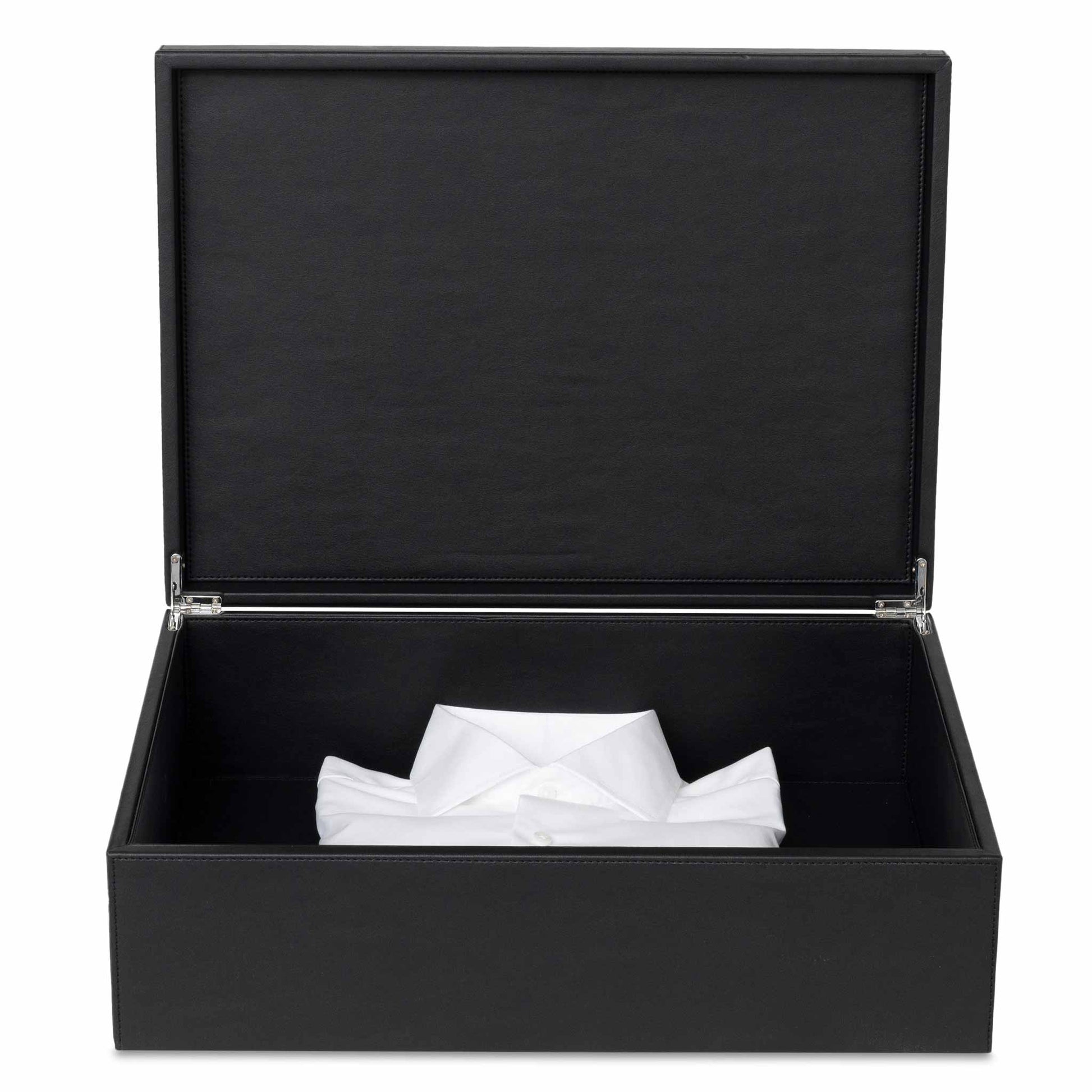 Bentley Capri black leather hotel laundry box with lid open and white shirt inside