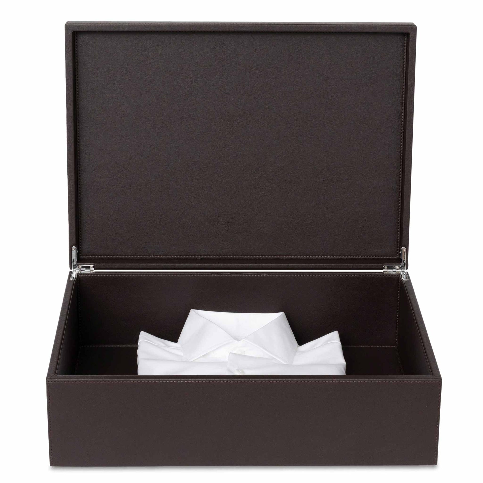 Bentley Capri brown leather hotel laundry box with lid open and shirt inside