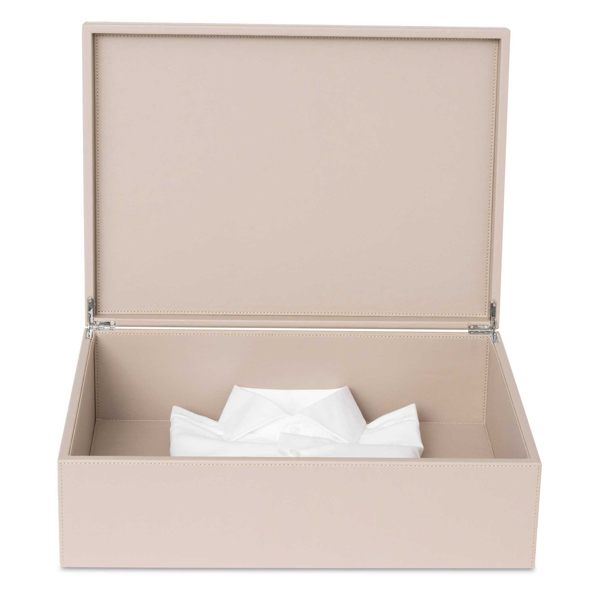 Bentley Capri natural PU leather laundry box with open lid and folded shirt