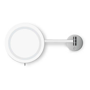 A modern wall-mounted magnifying mirror with a circular white illuminated faceplate and a silver adjustable arm ending in a round wall mount, shown against a plain white background.