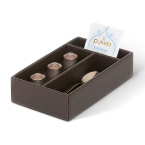 Bentley Bromo condiment box in brown leather with coffee pods, tea sachets and a spoon
