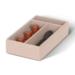 Bentley Bromo natural leather condiment box with organised coffee pods and spoons