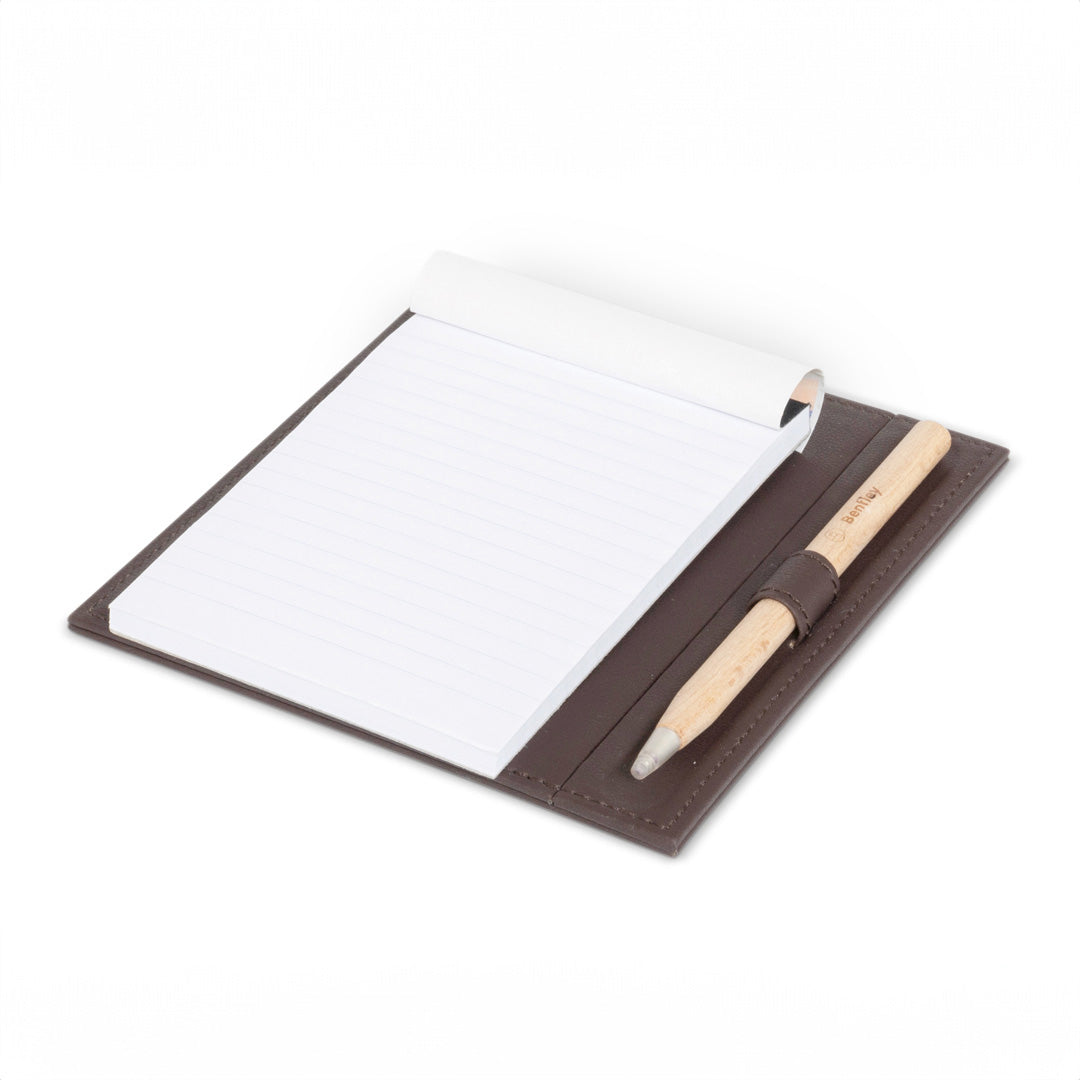 Bentley Augustine leather notepad holder in brown with white notepad and pen