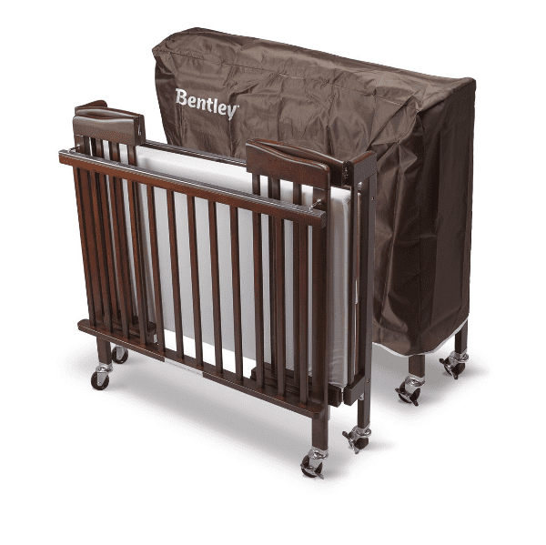Bentley Limea folded wooden cot in dark mahogany with dust cover
