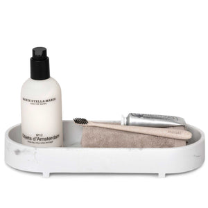 Bentley Montu amenity tray in white marble with toiletries