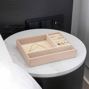 Natural leatherette Bentley Andros jewellery tray on hotel bedside table