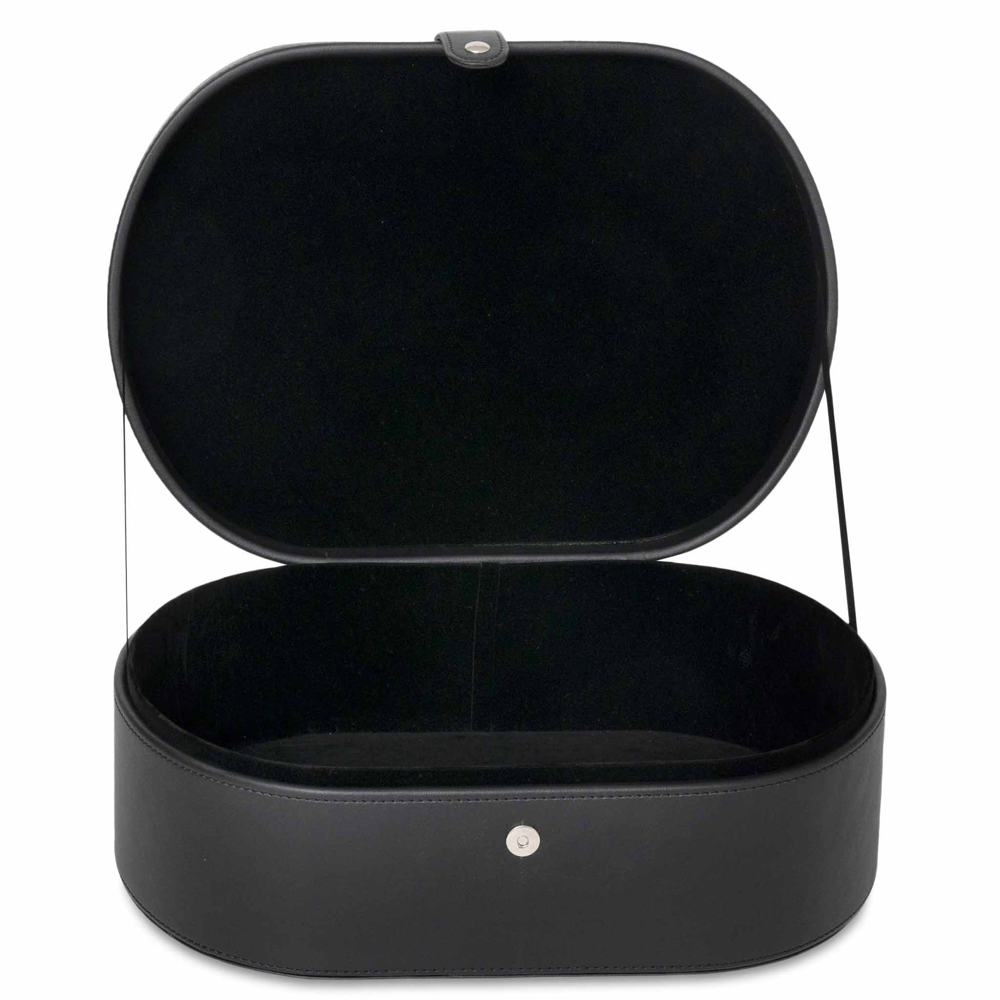 Black leatherette hairdryer storage box, opened lid