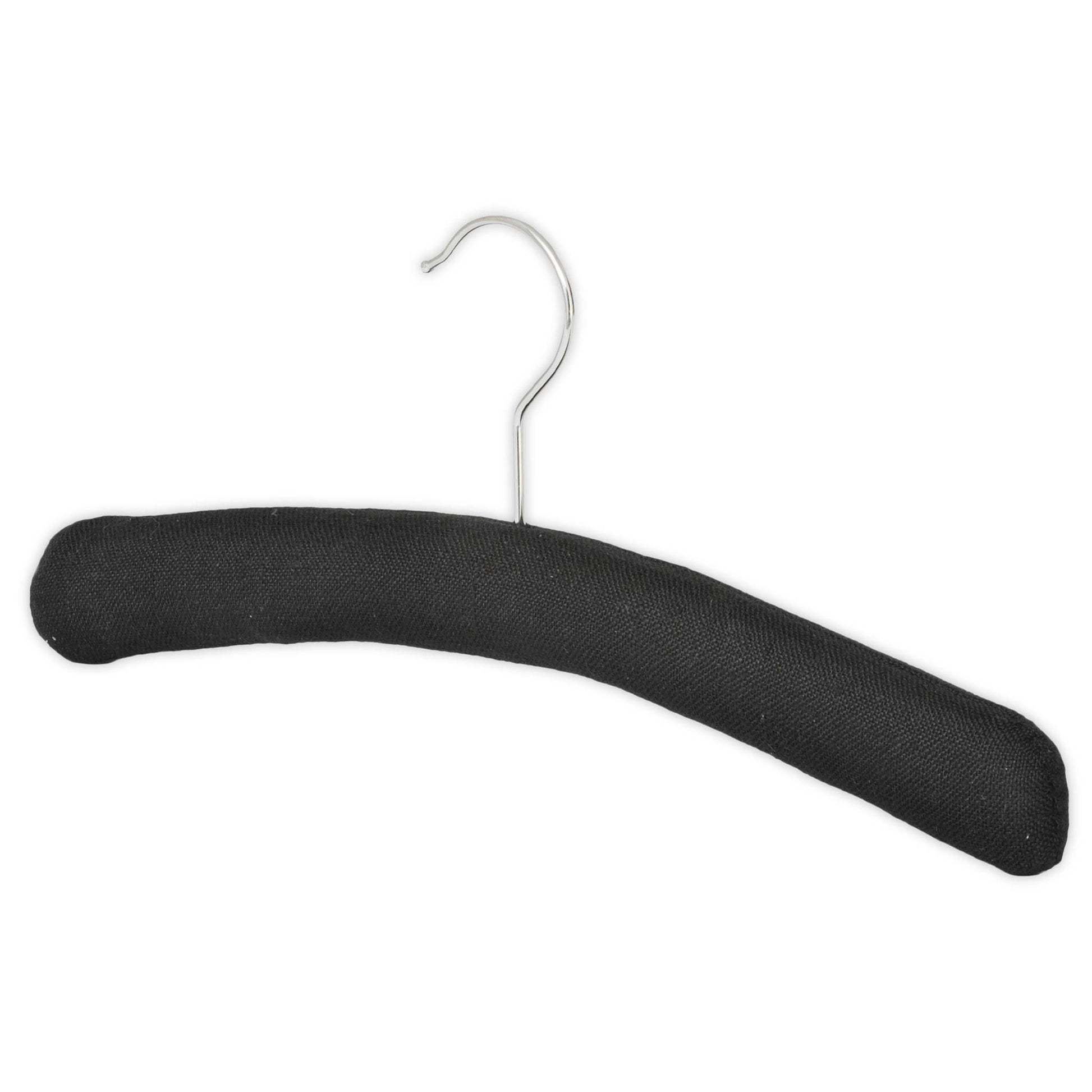 Angled view of Bentley Wellington black cotton padded hotel hanger with chrome hook and soft curved design