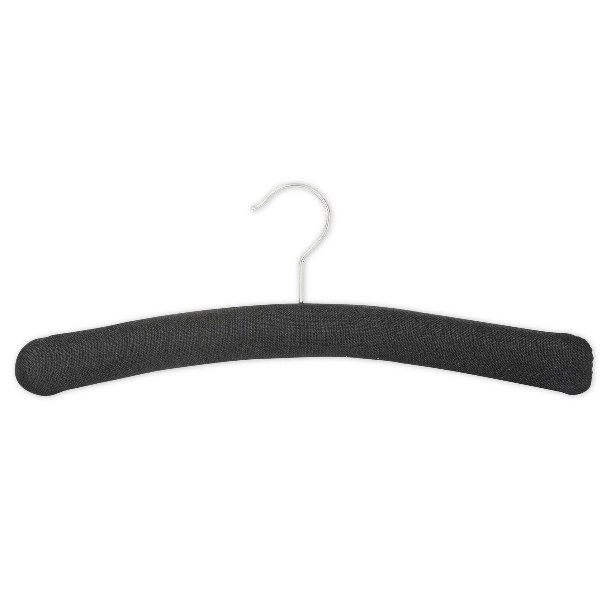 Front view of Bentley Wellington black cotton padded hotel hanger with curved design and chrome hook
