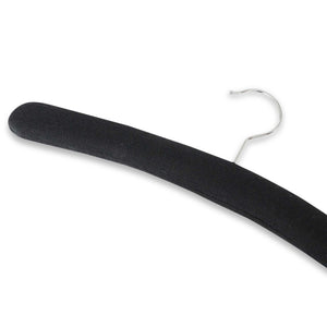 Close-up angled detail of Bentley Wellington black padded cotton hotel hanger with curved design and chrome hook