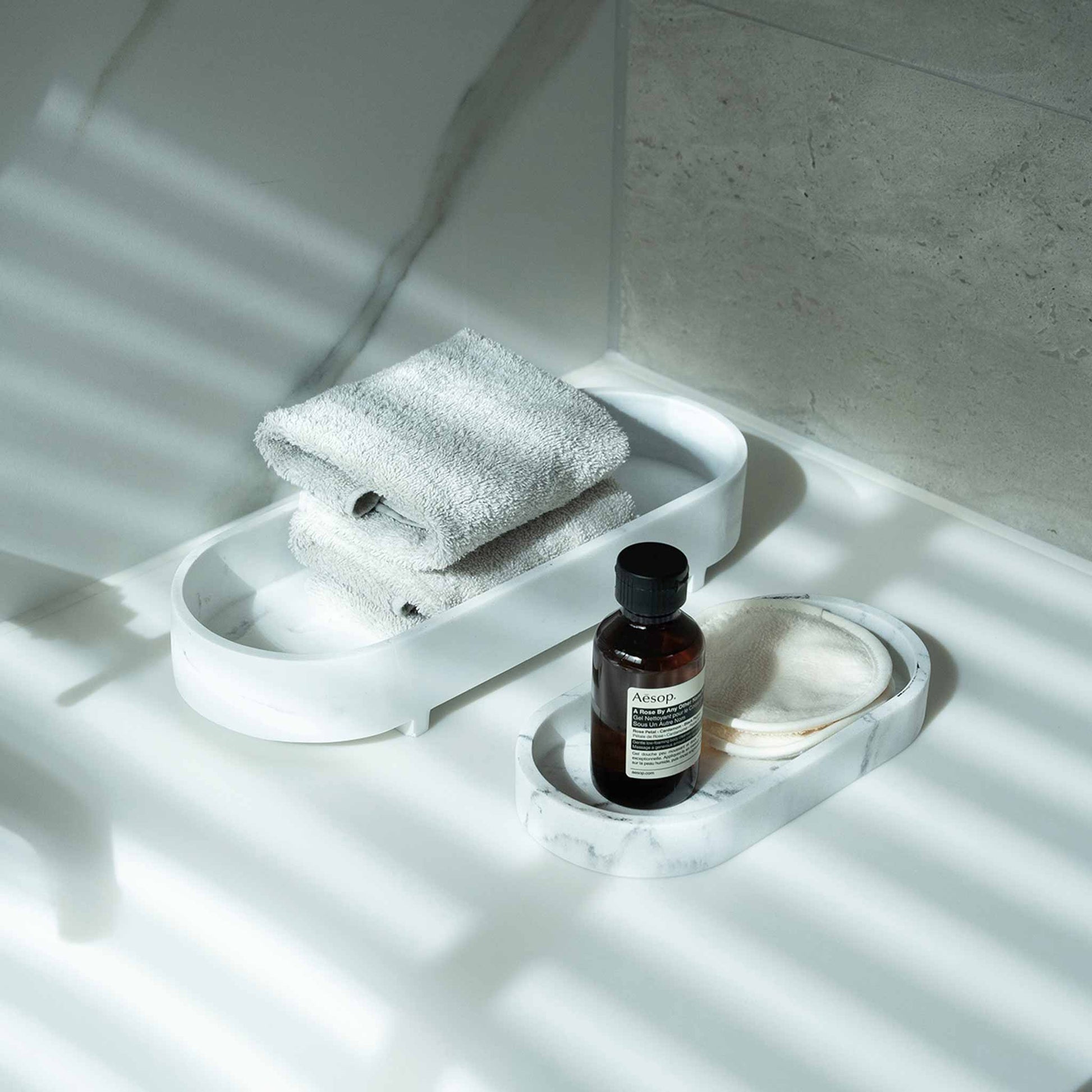 Bentley Azul tray and Azul small tray in white marble
