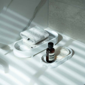 Bentley Azul tray and Azul small tray in white marble