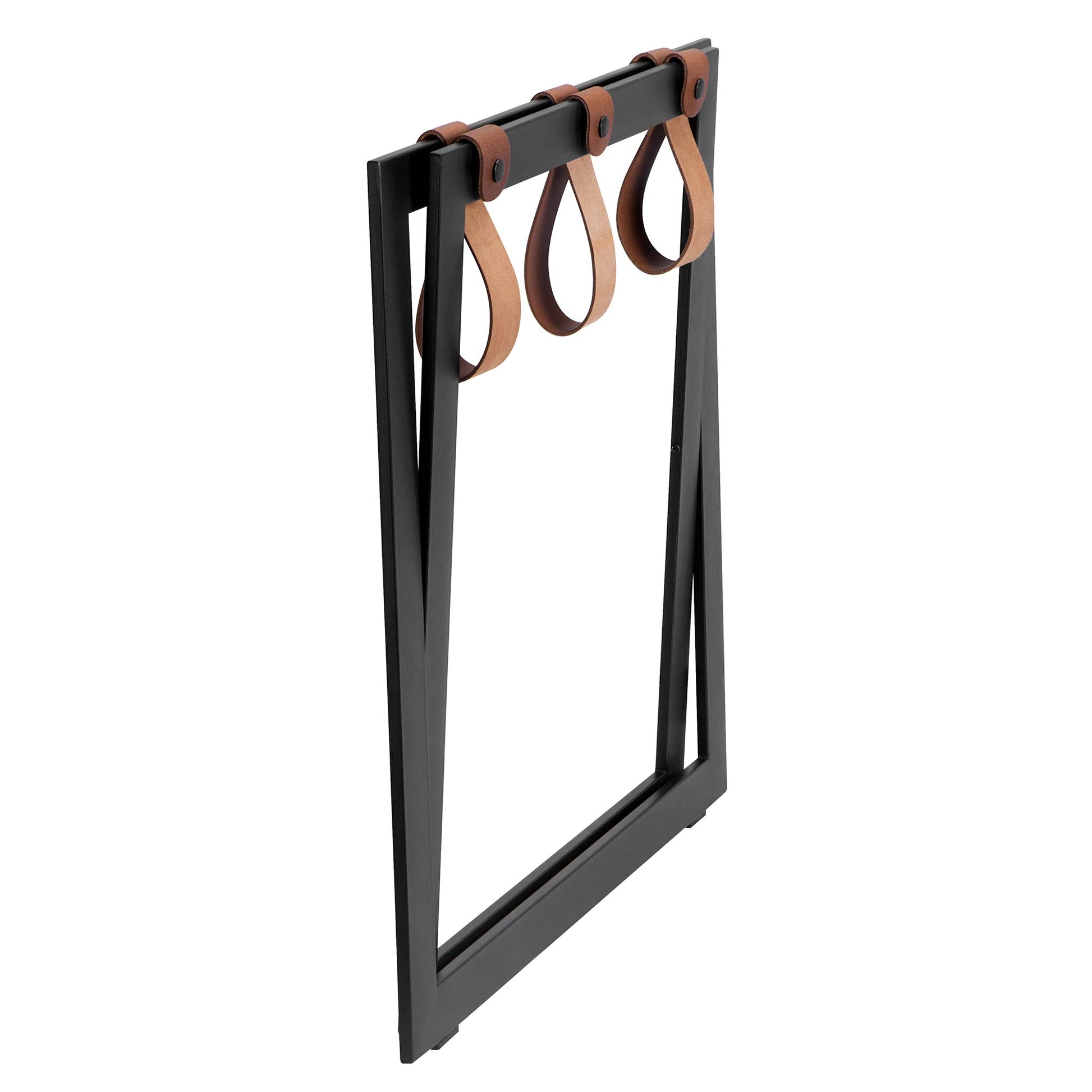 Roootz black steel compact hotel luggage rack folded with cognac brown leather straps
