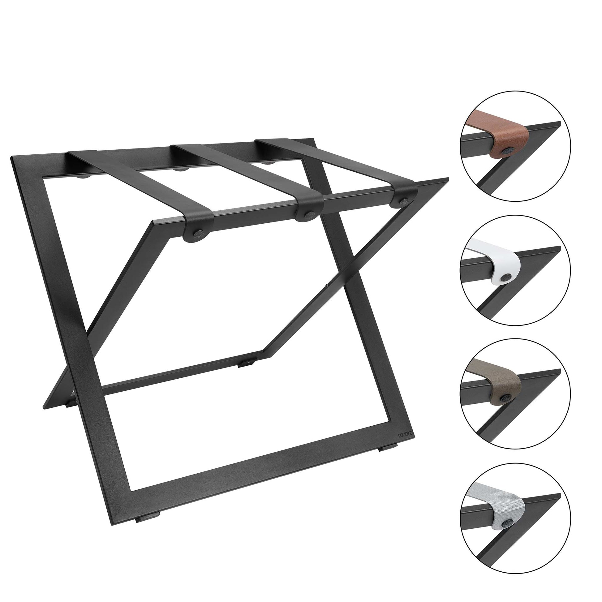 Roootz black steel compact hotel luggage rack with a variety of coloured leather straps
