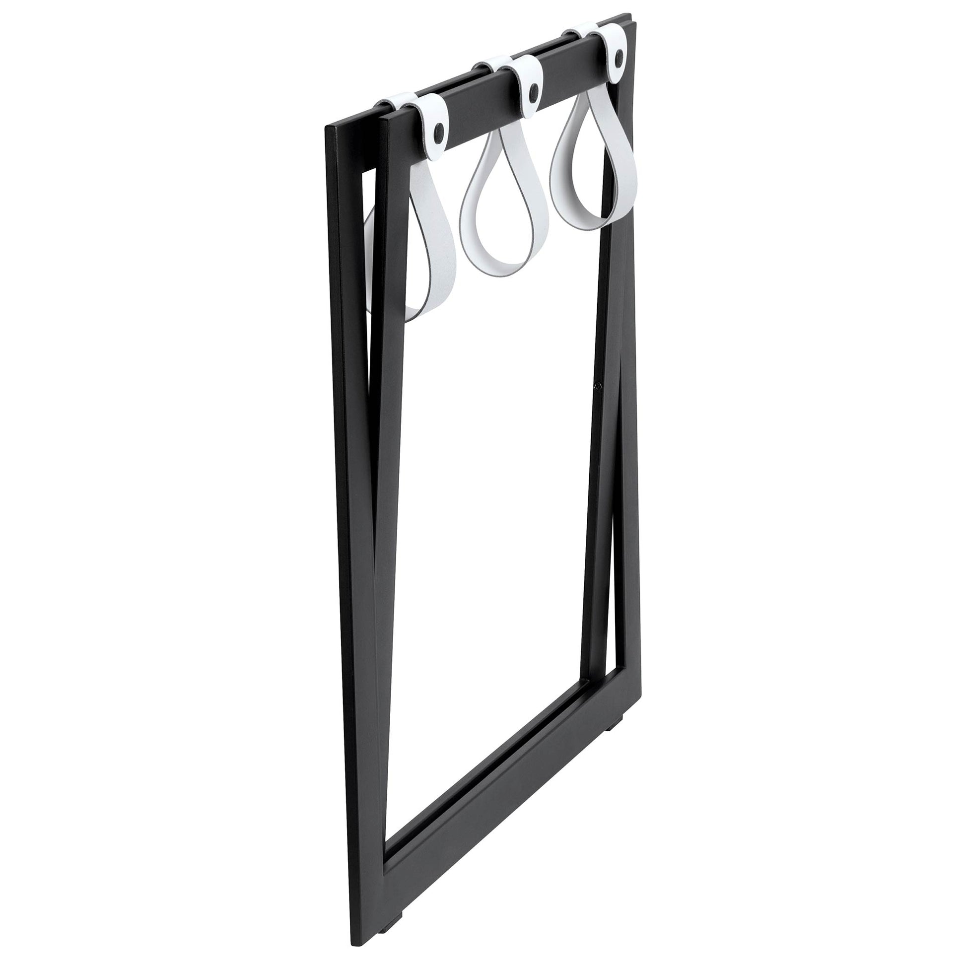 Roootz black steel compact hotel luggage rack folded with white leather straps