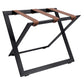Roootz black steel compact hotel luggage rack with cognac brown leather straps