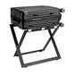 Suitcase on Roootz black steel compact hotel luggage rack with white leather straps