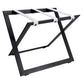 Roootz black steel compact hotel luggage rack with white leather straps