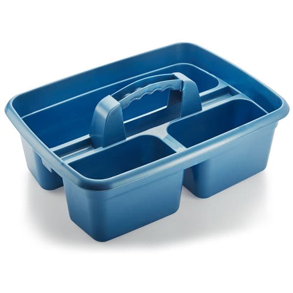 Blue plastic cleaning caddy with three sections and handle
