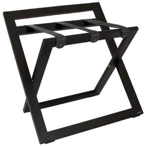 Roootz compact black wooden hotel luggage rack with black nylon straps and backstand