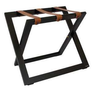 Roootz compact black wooden hotel luggage rack with brown leather straps