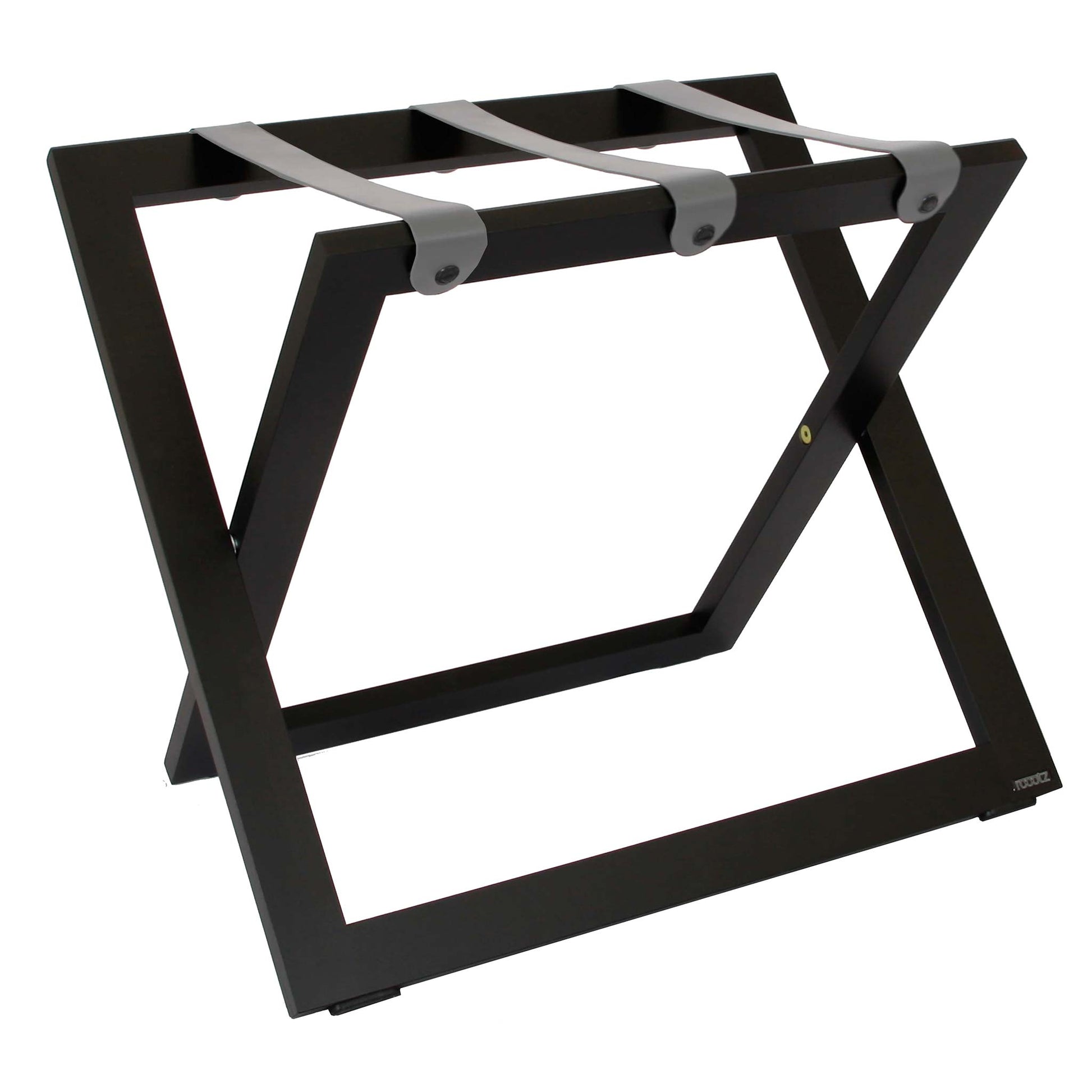 Roootz compact black wooden hotel luggage rack with grey leather straps