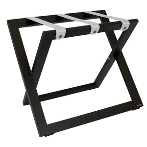 Roootz compact black wooden hotel luggage rack with grey nylon straps