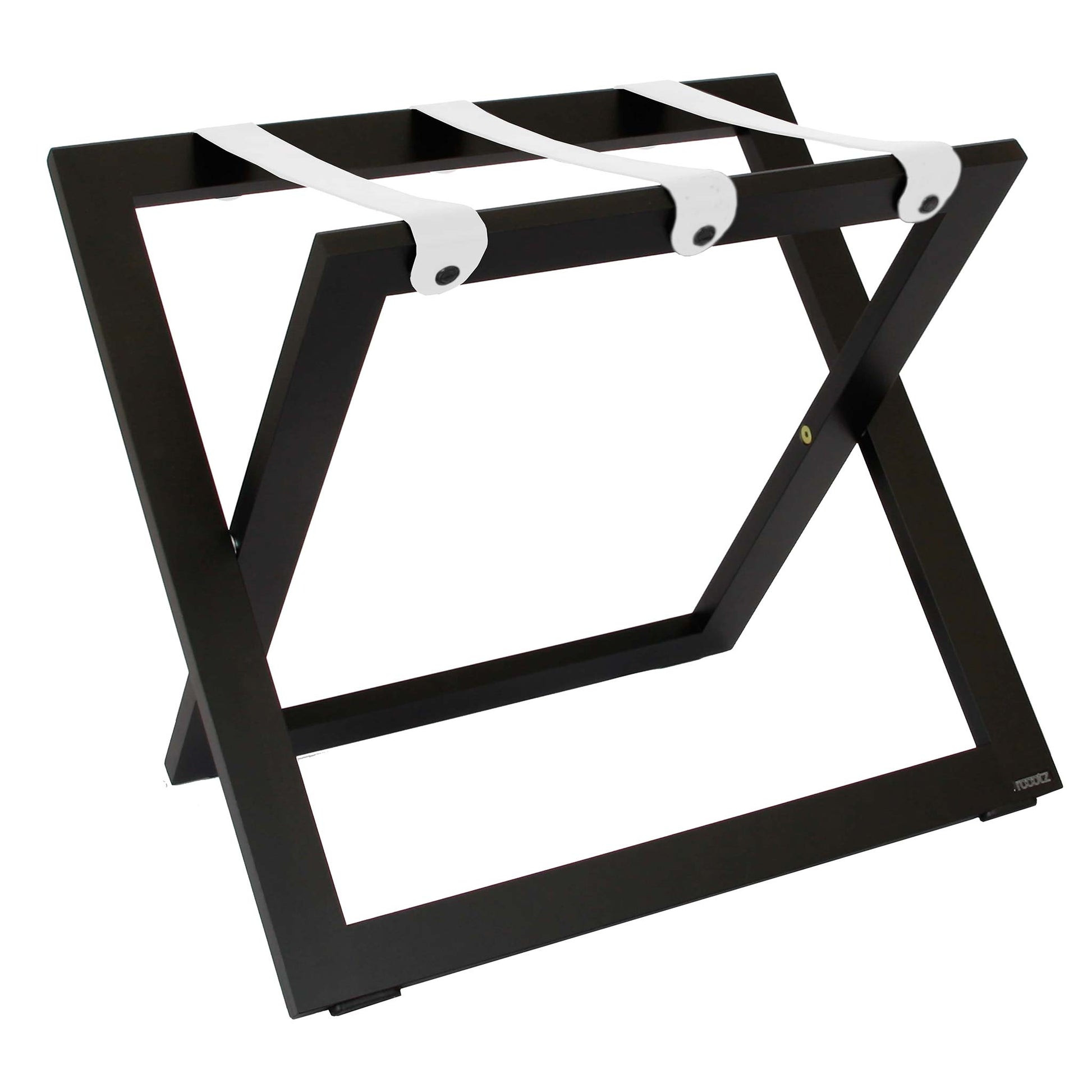 Roootz compact black wooden hotel luggage rack with white leather straps