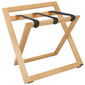 Roootz compact natural wooden hotel luggage rack with black nylon straps and backstand