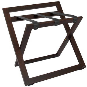 Roootz compact walnut wooden hotel luggage rack with black nylon straps and backstand