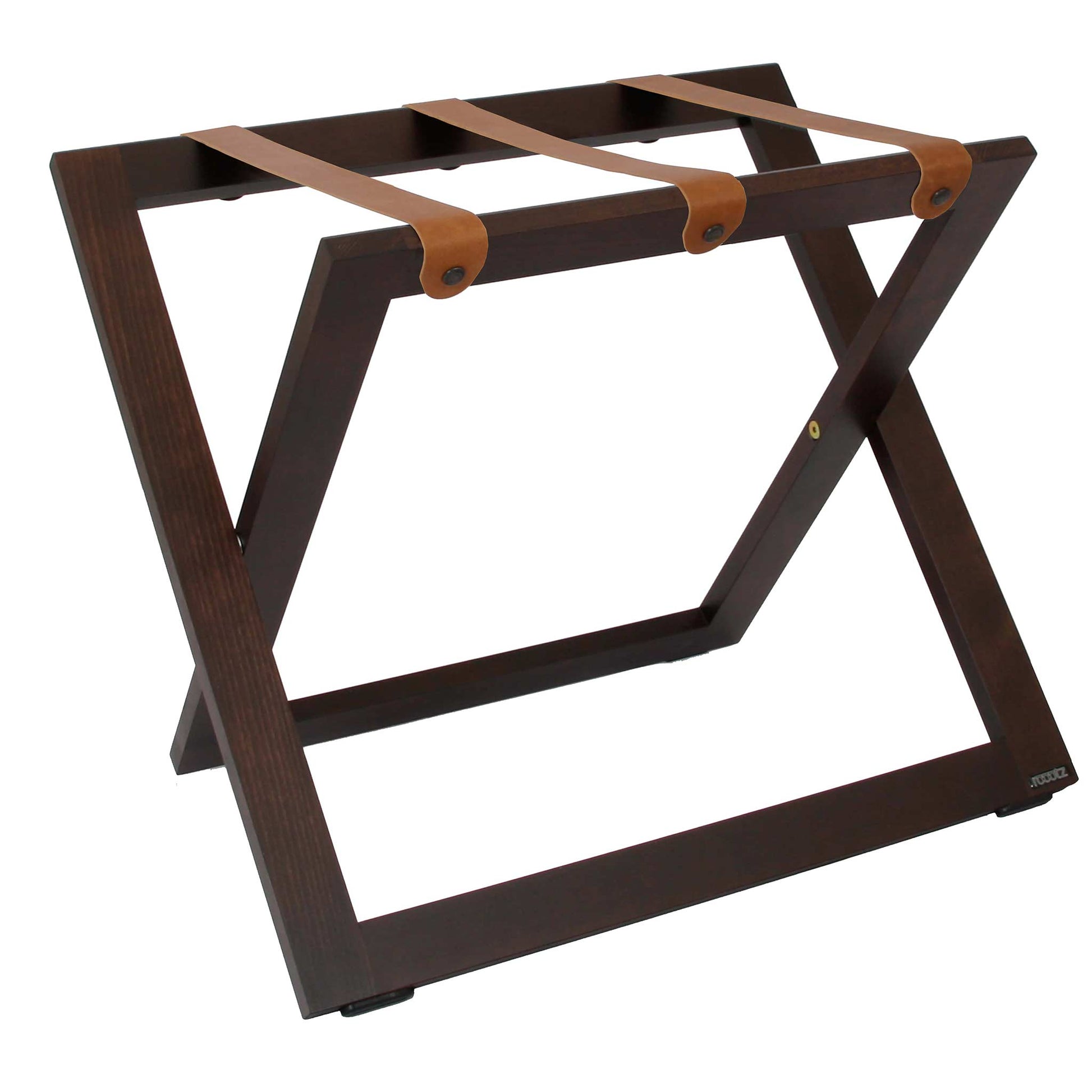 Roootz compact walnut wooden hotel luggage rack with brown leather straps