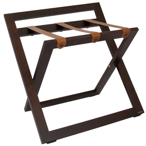 Roootz compact walnut wooden hotel luggage rack with brown leather straps and backstand