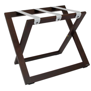 Roootz compact walnut wooden hotel luggage rack with grey nylon straps
