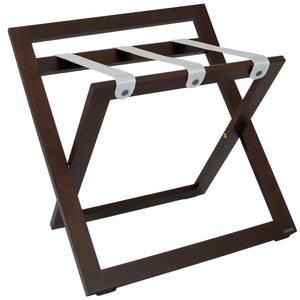 Roootz compact walnut wooden hotel luggage rack with grey nylon straps and backstand