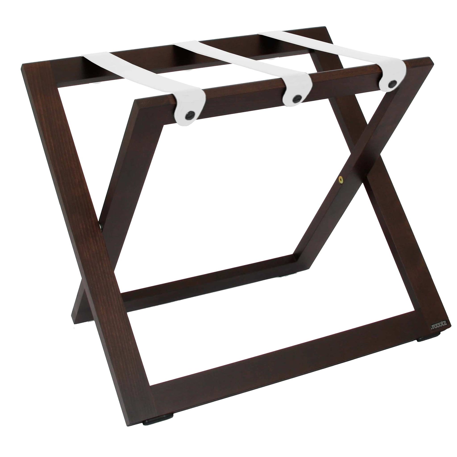 Roootz compact walnut wooden hotel luggage rack with white leather straps