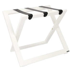Roootz compact white wooden hotel luggage rack with black leather straps
