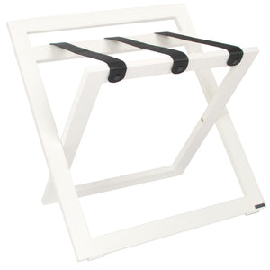 Roootz compact white wooden hotel luggage rack with black nylon straps and backstand